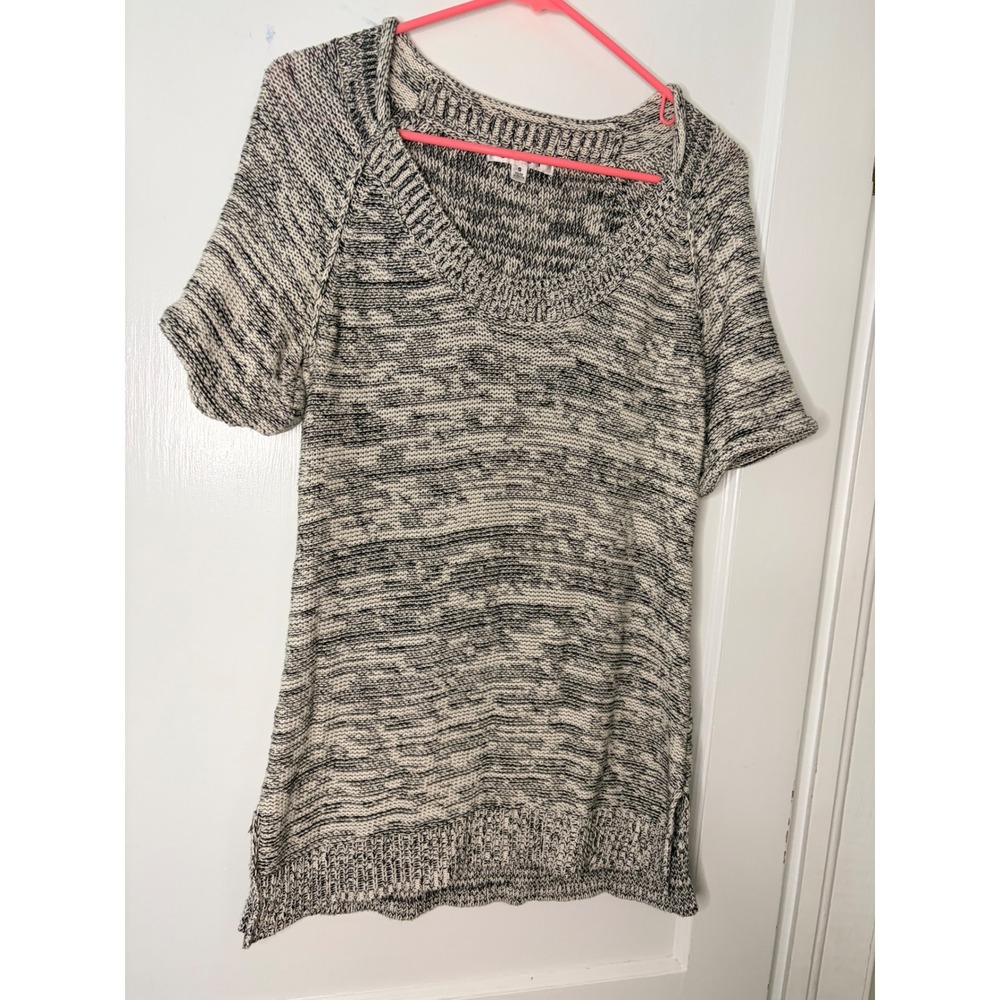 Cabi Womens Marled Knit Short Sleeve Sweater Tunic Black White Scoop Neck Small‎